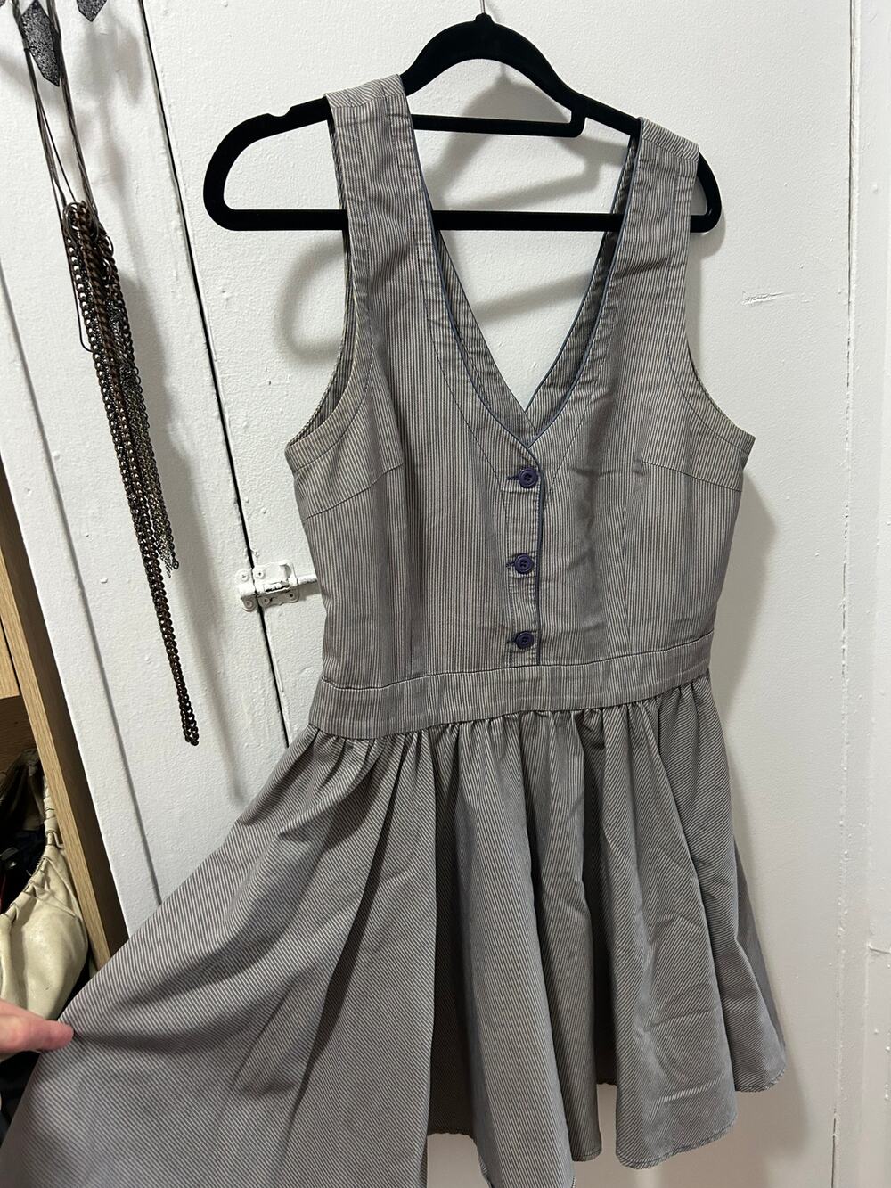 Retro Pinstripe V-Neck Fit & Flare Dress with Button Detail